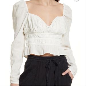 Free People Chole White Smocked Tie Neck Cotton Top Blouse Size S